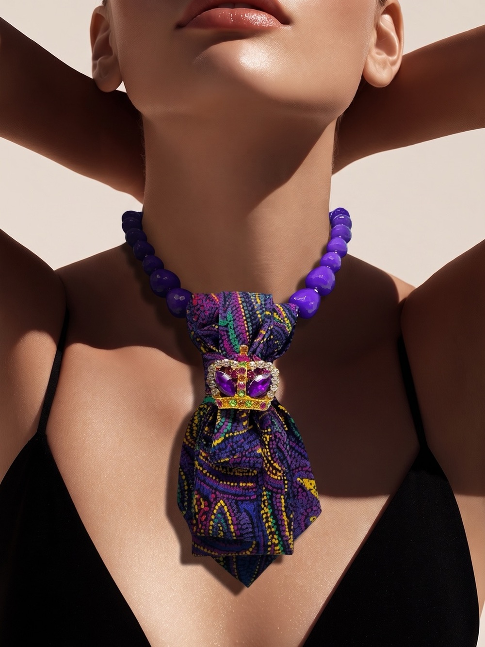 CHIC CHICK UPCYCLE | Purple Beaded Tie Necklace with Gem-Embellished Crown